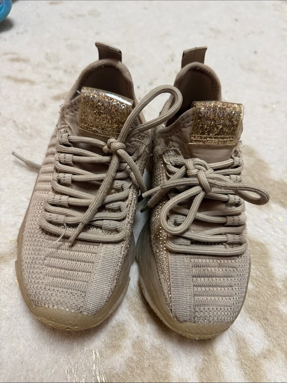 Steve Madden Beige Glitter Accent Kids Sneakers
